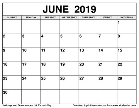 2019 June Calendar