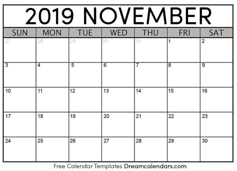 2019 November Calendar