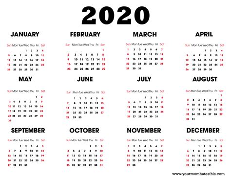 2020 Calendar Printable Pdf