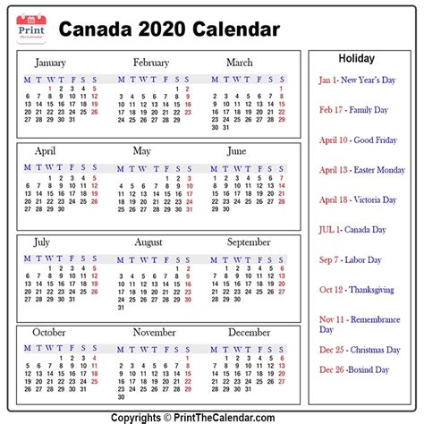 2020 canada holiday calendar free
