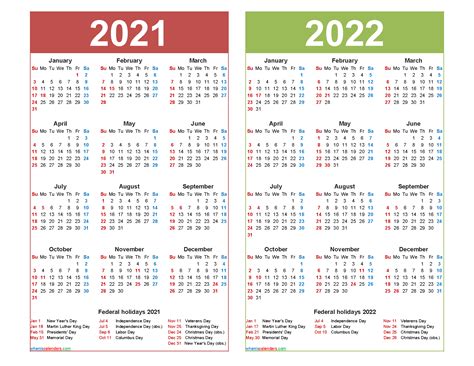 2021 And 2022 Calendar Printable