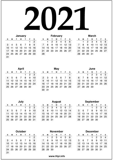 Free Printable Year 2021 Calendar with Holidays