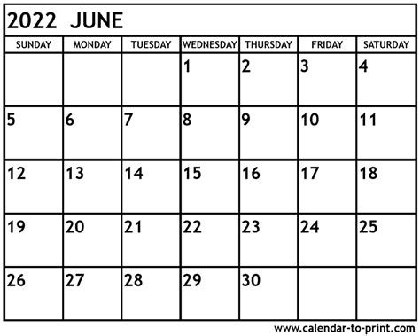 2022 Calendar Printable June