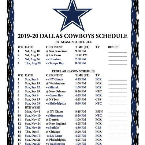 2022 Printable Dallas Cowboys Schedule