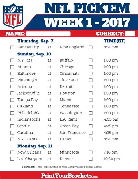 NFL Week 4 Pick'em Sheet in Color Nfl, Nfl weekly picks, Football picks