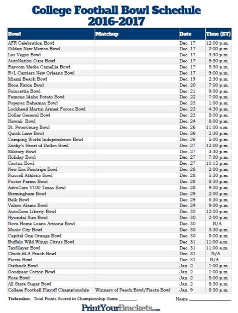 2022 Bowl Game Schedule Printable