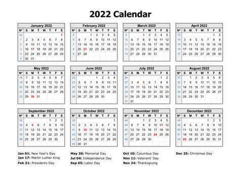 2022 Calendar Printable Free One Page