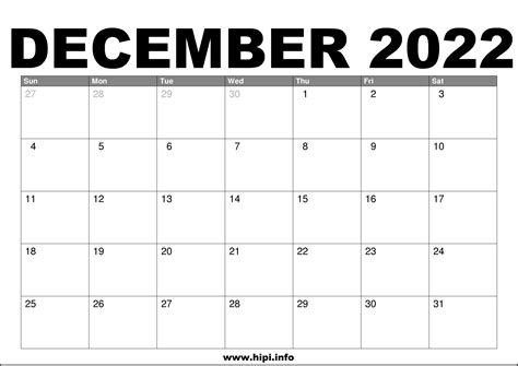 2022 December Calendar Printable