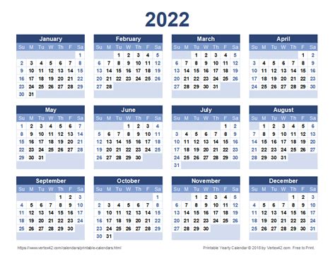2022 Yearly Calendar Free Printable