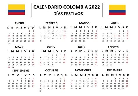 2022 calendario colombia con festivos