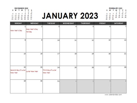 2023 Singapore Calendar with Holidays