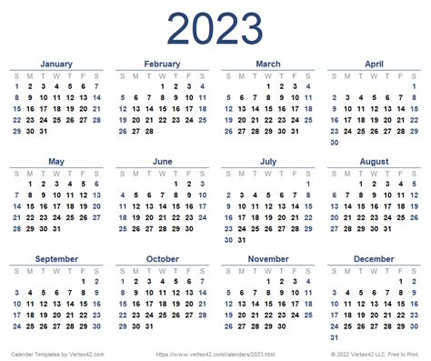 January 2023 Calendar designed with large font (horizontal) Free