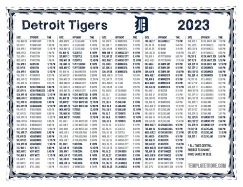 2023 Detroit Tigers Printable Schedule