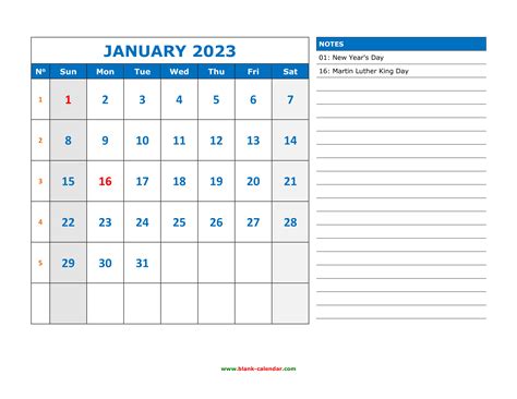 2023 Printable Calendar With Notes