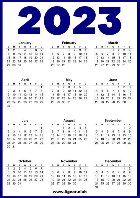 2023 Whole Year Calendar Printable