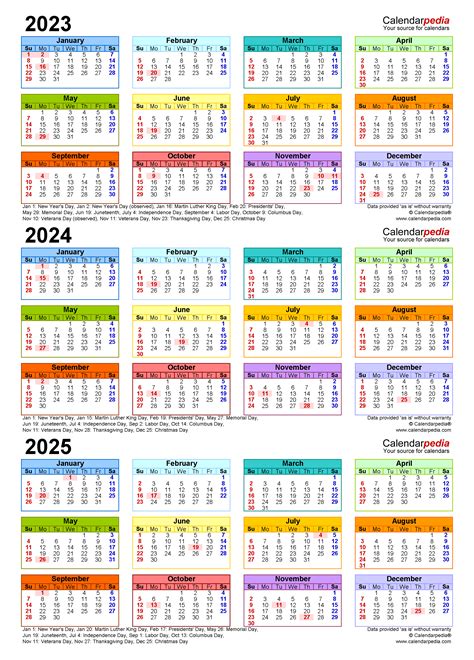 2023 and 2024 and 2025 calendar