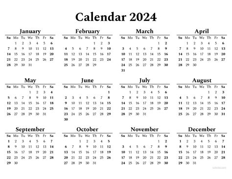 2024 12 Month Calendar On One Page Printable