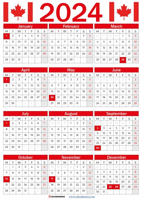 2024 Calendar Canada With Holidays Printable