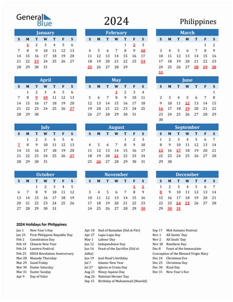 2024 Calendar Philippines With Holidays