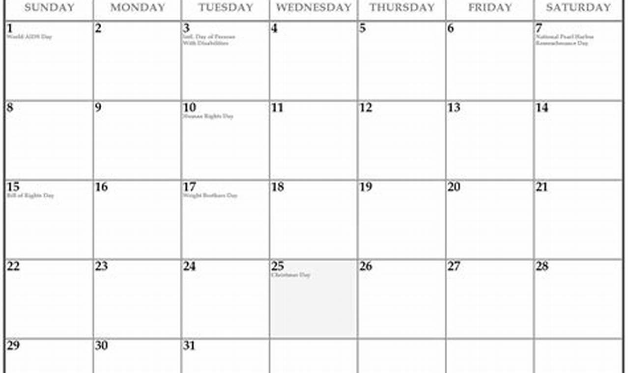 2024 December Calendar With Holidays List
