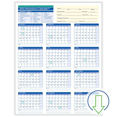 2024 Employee Attendance Calendar Printable Free