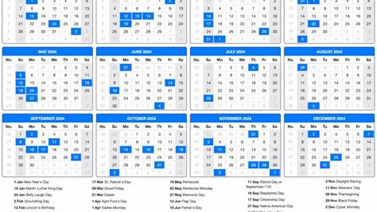 2024 Holiday Calendar Excel Printable Calendars