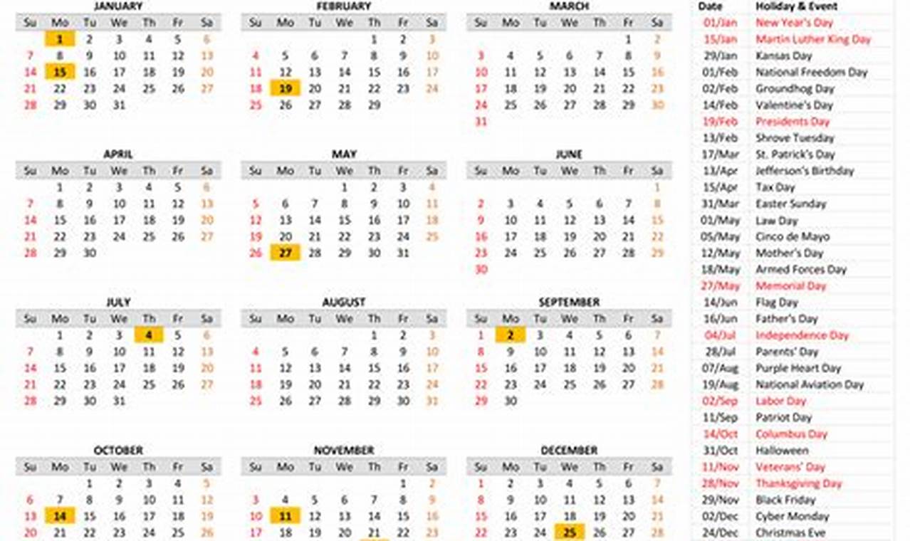 2024 Holiday Calendar Schedule Printable Word Template