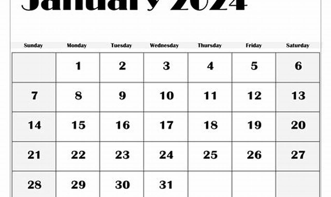 2024 January Calendar Big Numbers Pdf