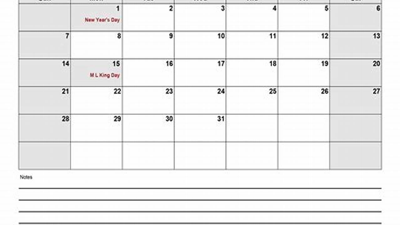 2024 January Calendar Excel Template