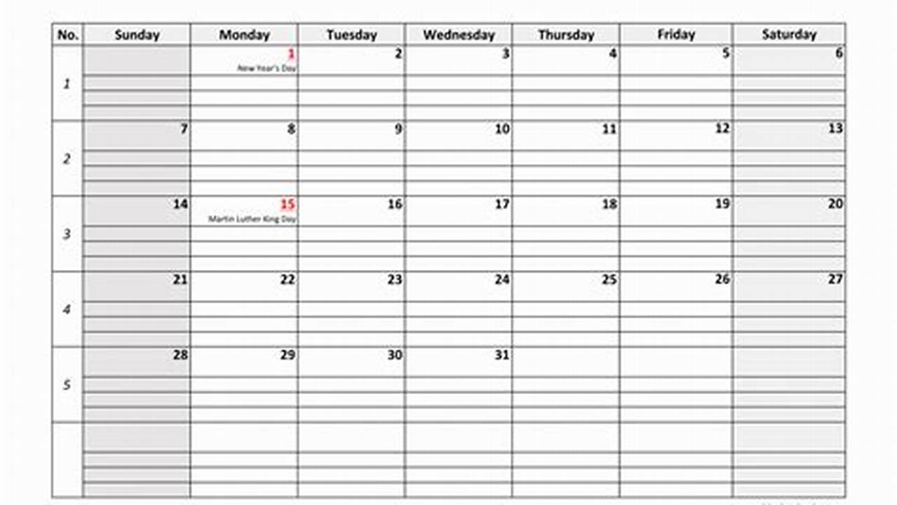 2024 January Calendar With Grid Lines Printing Excel