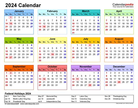 2024 Yearly Calendar Printable With Holidays
