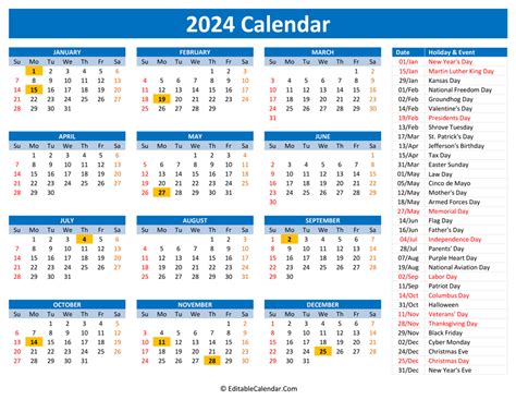 2024 Calendar With Holidays Free Printable
