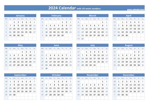2024 Calendar With Numbered Weeks