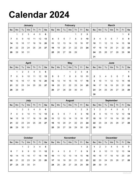 2024 12 Month Calendar On One Page