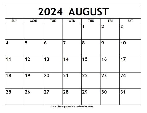 2024 August Calendar Printable