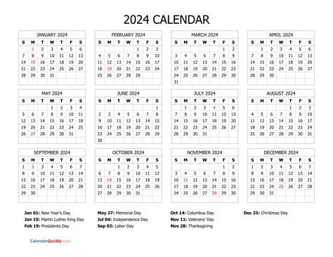 2024 Calendar With Holidays Printable Free Download