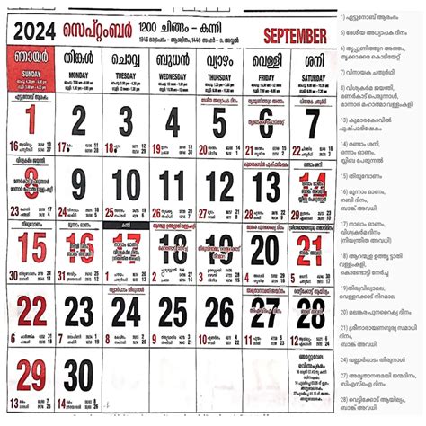 Malayalam calendar 2022 September