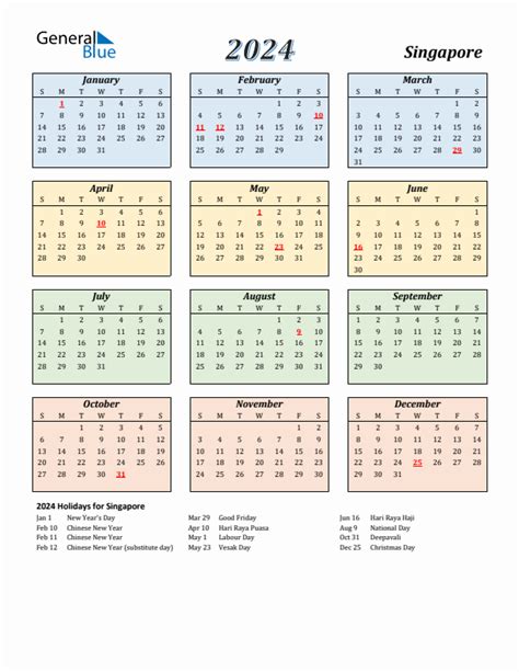 2024 Singapore Calendar with Holidays