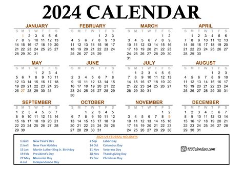 2024 Yearly Calendar With Holidays Printable