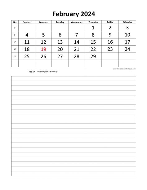 2024 February Calendar Template Notes Section