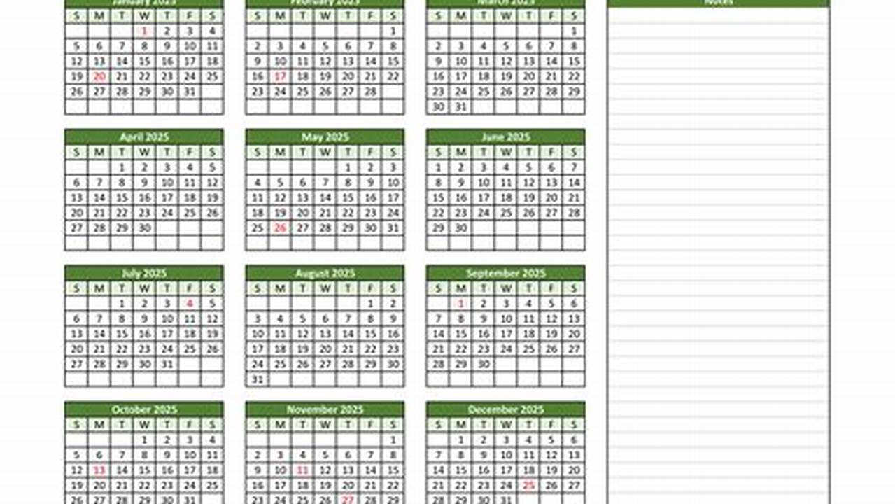 2025 Yearly Calendar Printable With Notes And Notes