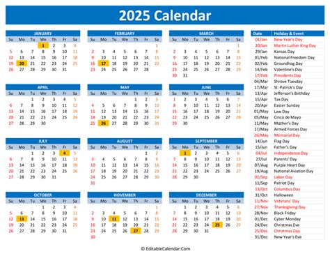 2025 Holidays Calendar