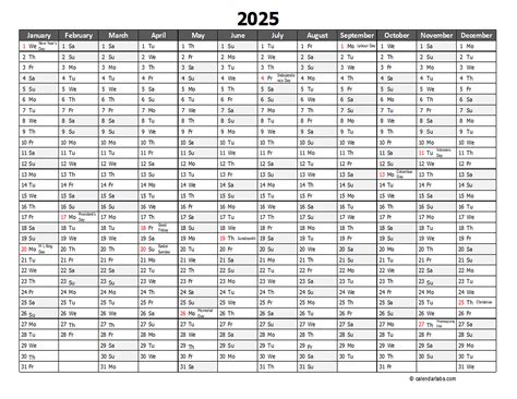2025 Yearly Calendar Excel