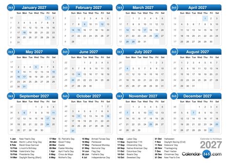 2027 Calendar With Holidays