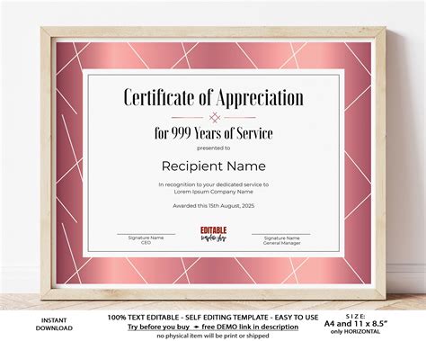 25 Years of Service EDITABLE Certificate of Appreciation Etsy