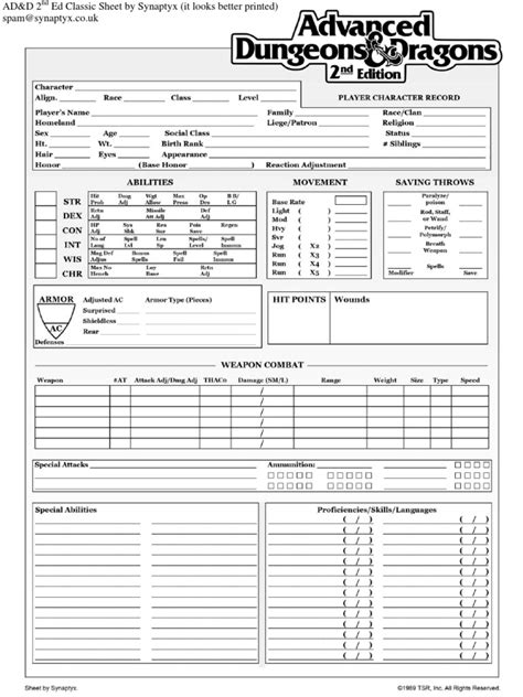 AD&D 2nd Edition Cheat Sheet