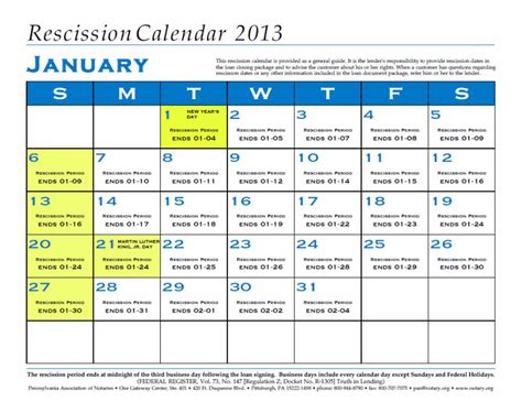 3 Day Right Of Rescission Calendar