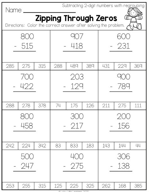 3 Digit Subtraction With Regrouping Across Zeros Worksheets