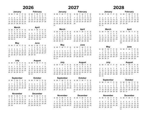 3 Year Printable Calendar