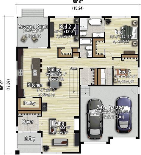 3 bedroom floor plan with 2 car garage Max Fulbright Designs